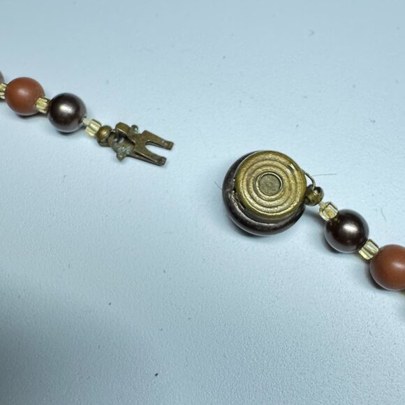 Vintage Beaded Necklace with Tassel Pendant Faux Plastic Pearls Brown and Gold - Picture 6 of 8